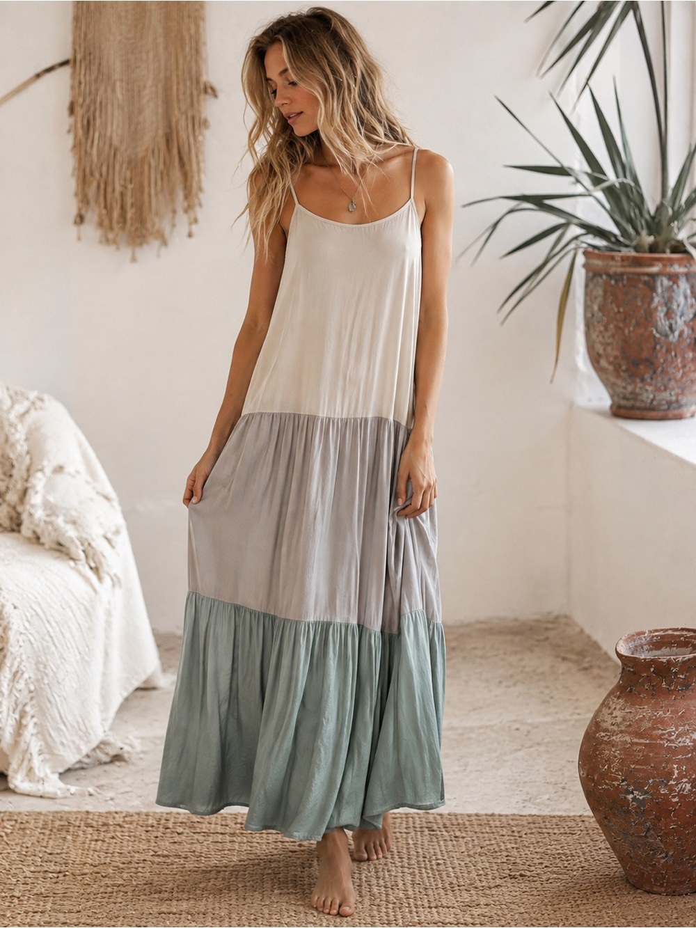 Beachy Boho Colorblock Tiered Maxi Dress Small
